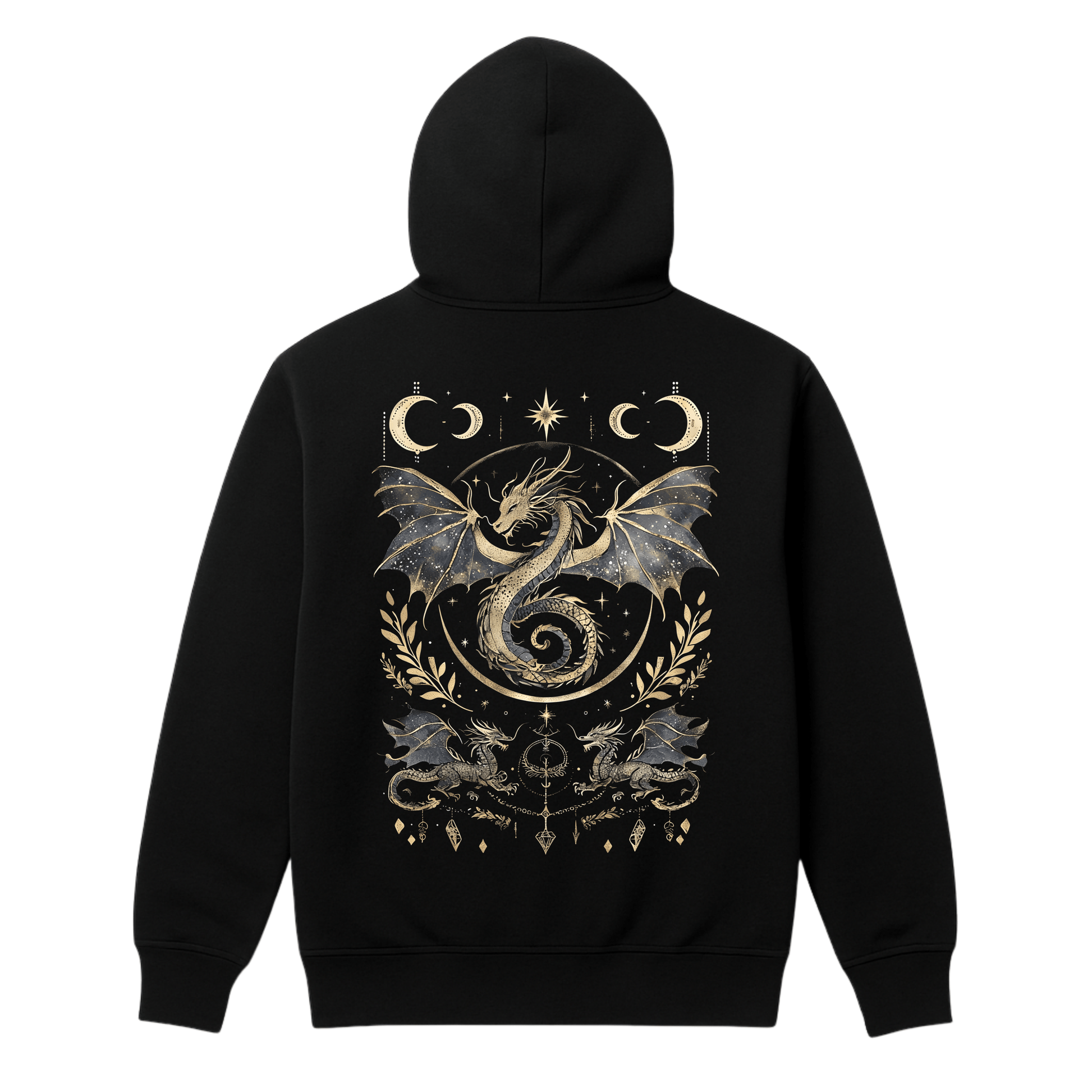 Black hoodie with a dragon design on the back against a white background