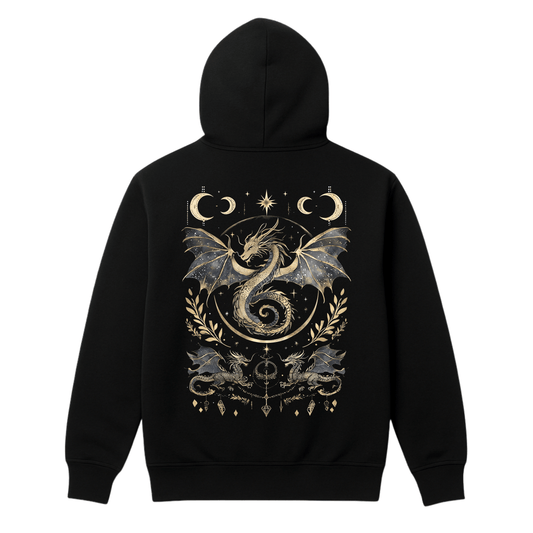 Black hoodie with a dragon design on the back against a white background