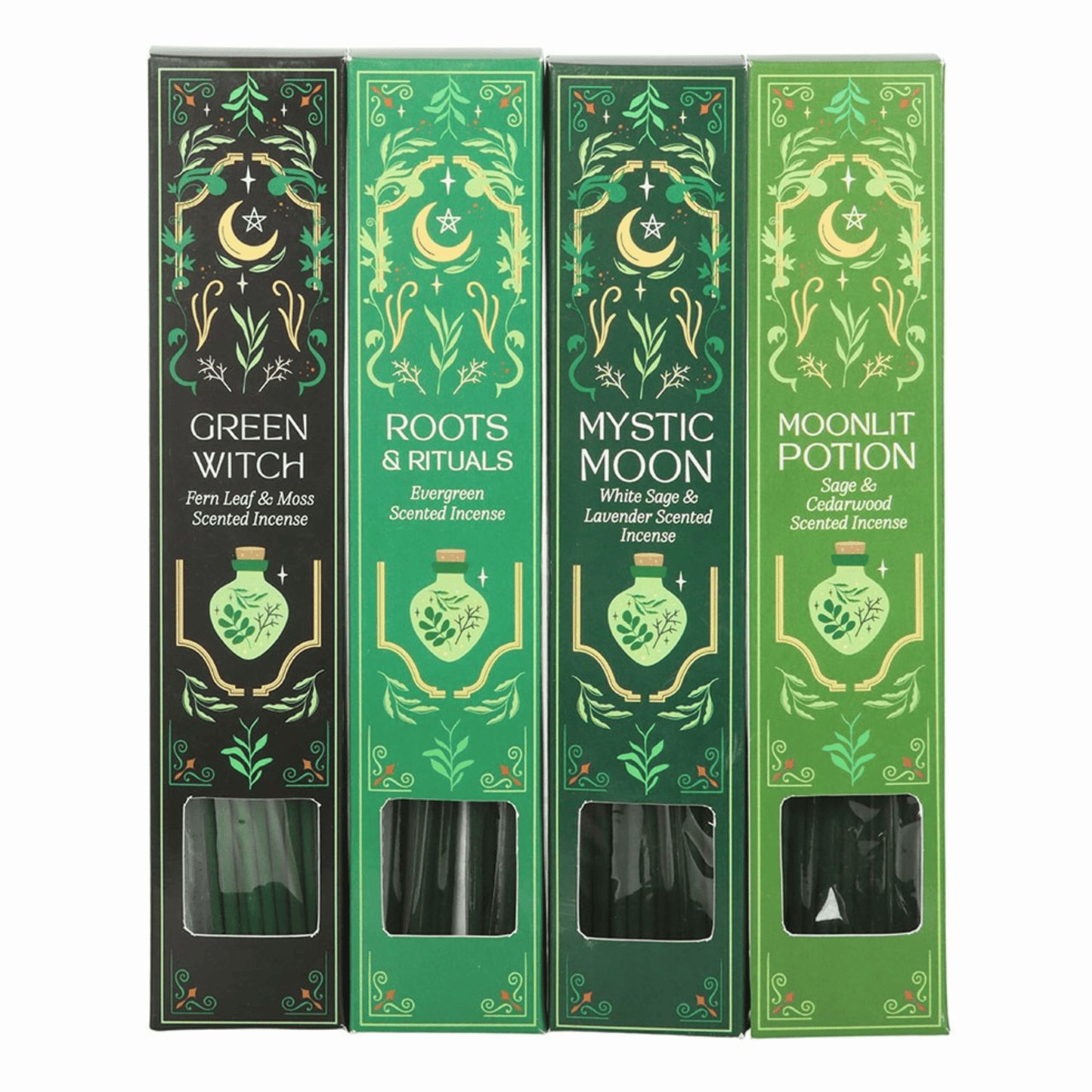 Four tall rectangular boxes of scented incense standing side by side on a white background. The boxes are black and green with ornate gold and white botanical and celestial illustrations, labeled Green Witch, Roots & Roots, Mystic Moon, and Moonlit Potion.
