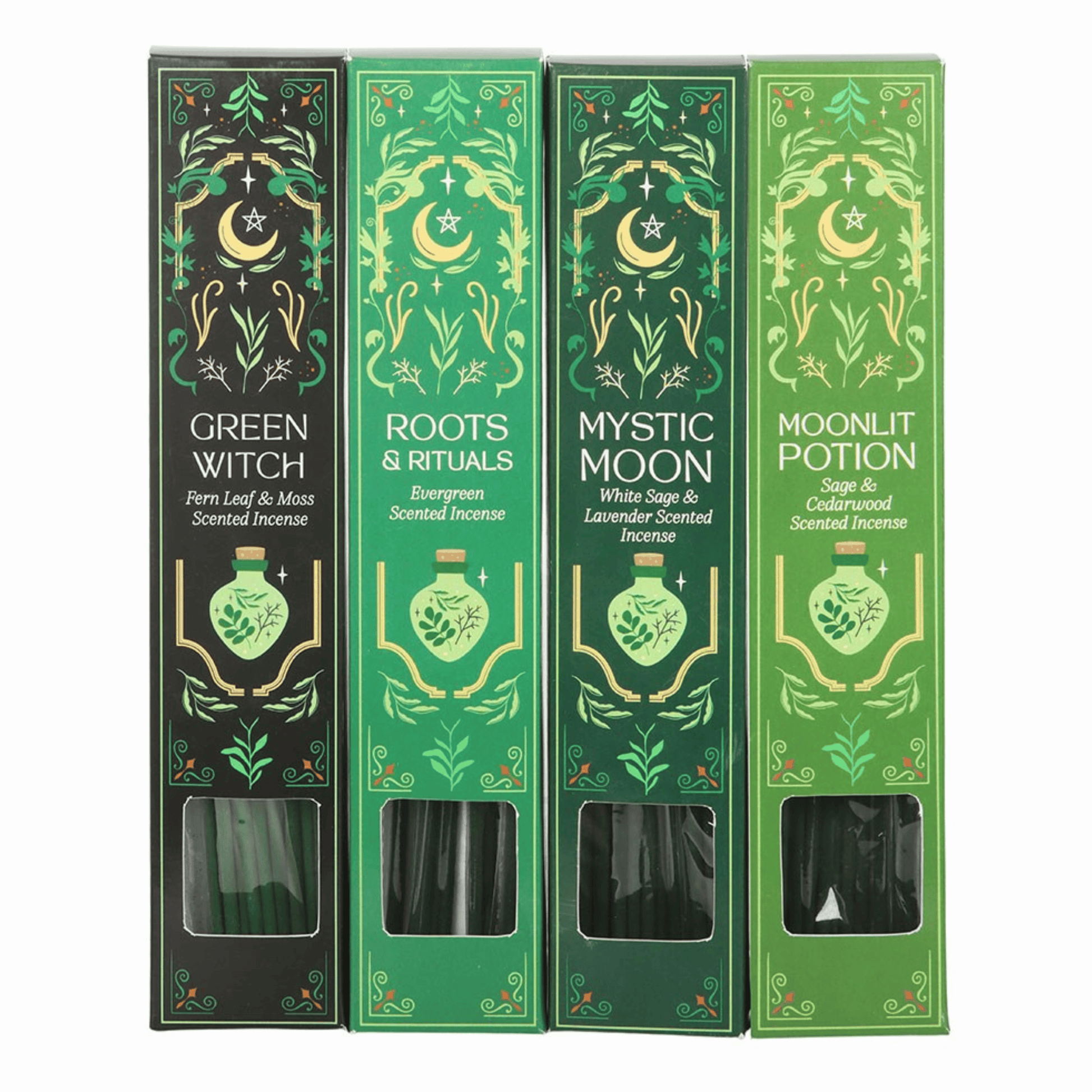 Four tall rectangular boxes of scented incense standing side by side on a white background. The boxes are black and green with ornate gold and white botanical and celestial illustrations, labeled Green Witch, Roots & Roots, Mystic Moon, and Moonlit Potion.