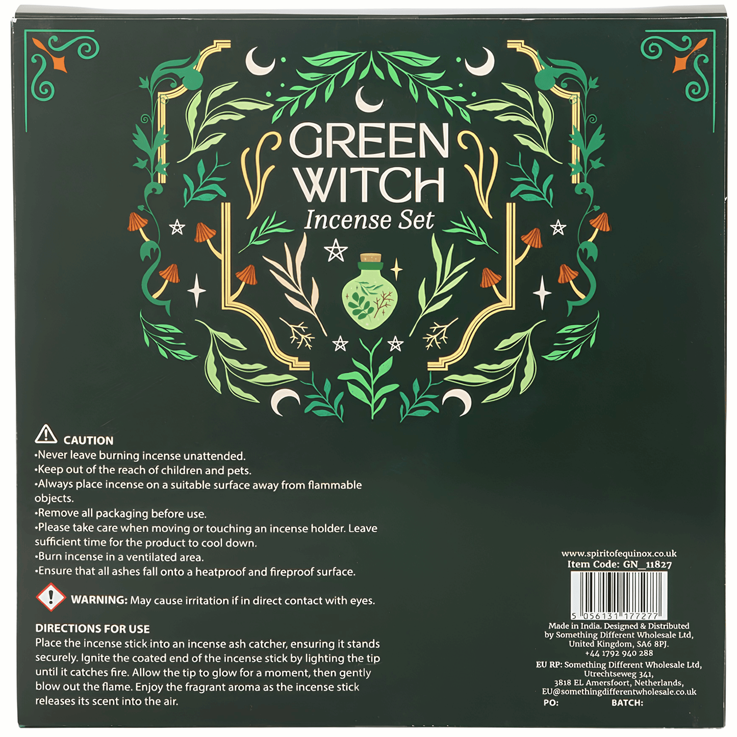 The back of the packaging for the Green Witch Incense Set, featuring a dark forest green background decorated with gold and light green illustrations of leaves, stars, crescent moons, and a potion bottle. It includes product details, warnings, directions, and a barcode.
