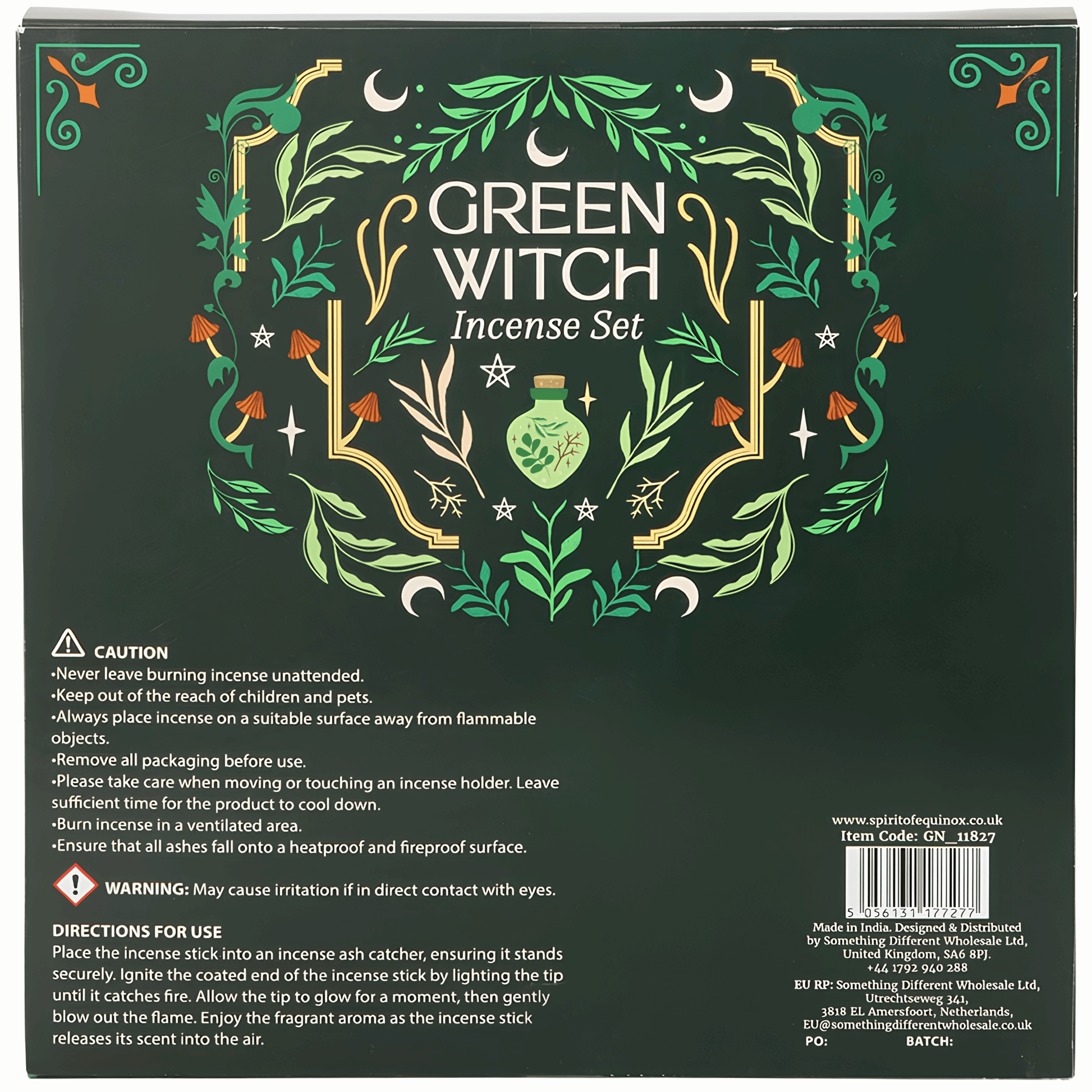 The back of the packaging for the Green Witch Incense Set, featuring a dark forest green background decorated with gold and light green illustrations of leaves, stars, crescent moons, and a potion bottle. It includes product details, warnings, directions, and a barcode.