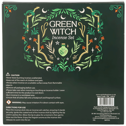 The back of the packaging for the Green Witch Incense Set, featuring a dark forest green background decorated with gold and light green illustrations of leaves, stars, crescent moons, and a potion bottle. It includes product details, warnings, directions, and a barcode.