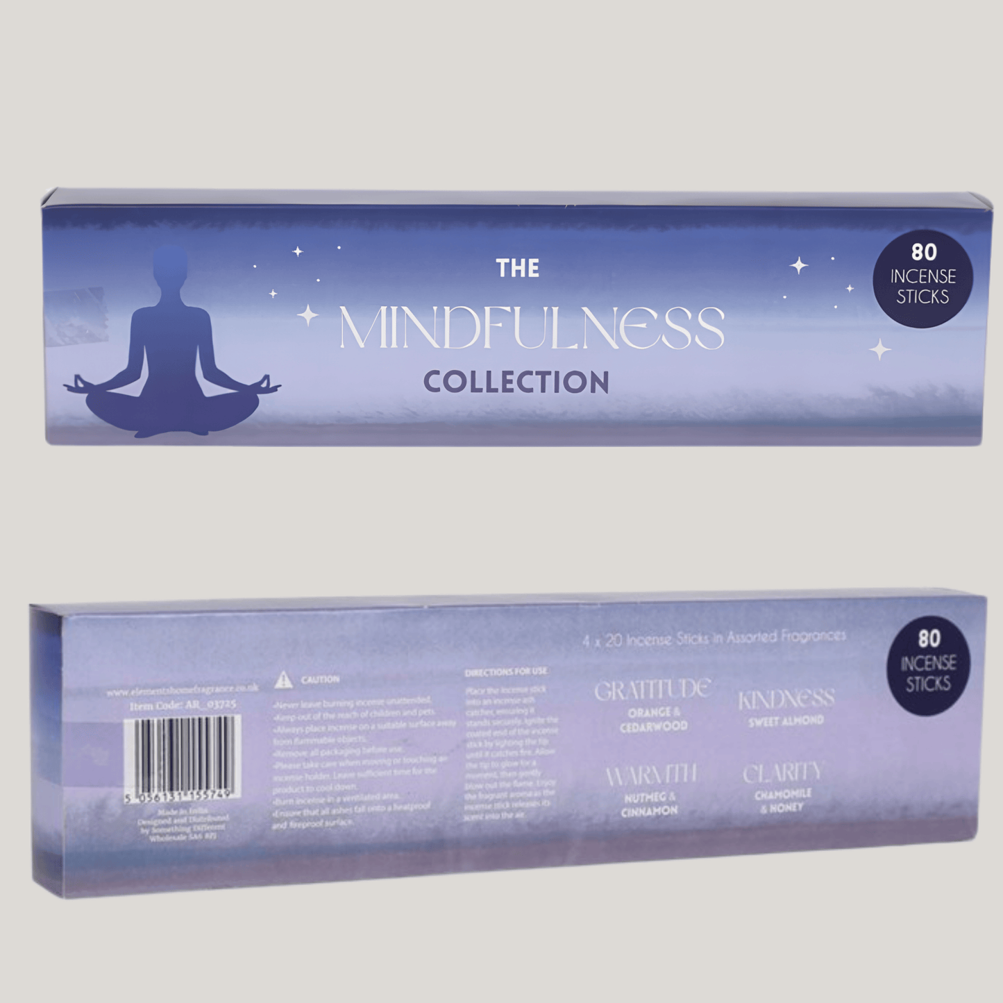 Two rectangular boxes of incense sticks shown against a plain light gray background. The top box is the front packaging with a blue gradient design, a meditating silhouette, and the text 'THE MINDFULNESS COLLECTION' plus '80 INCENSE STICKS.