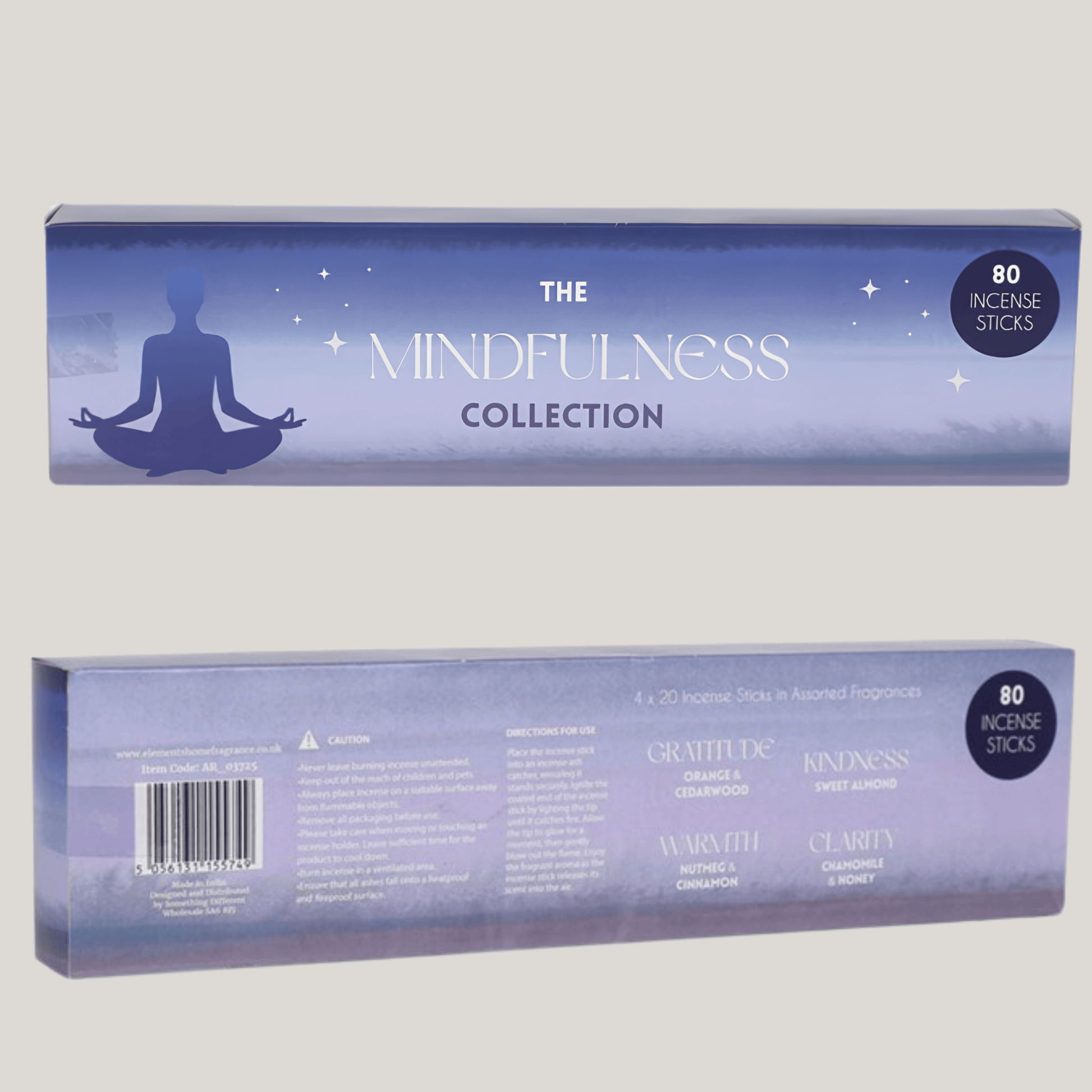 Two rectangular boxes of incense sticks shown against a plain light gray background. The top box is the front packaging with a blue gradient design, a meditating silhouette, and the text 'THE MINDFULNESS COLLECTION' plus '80 INCENSE STICKS.