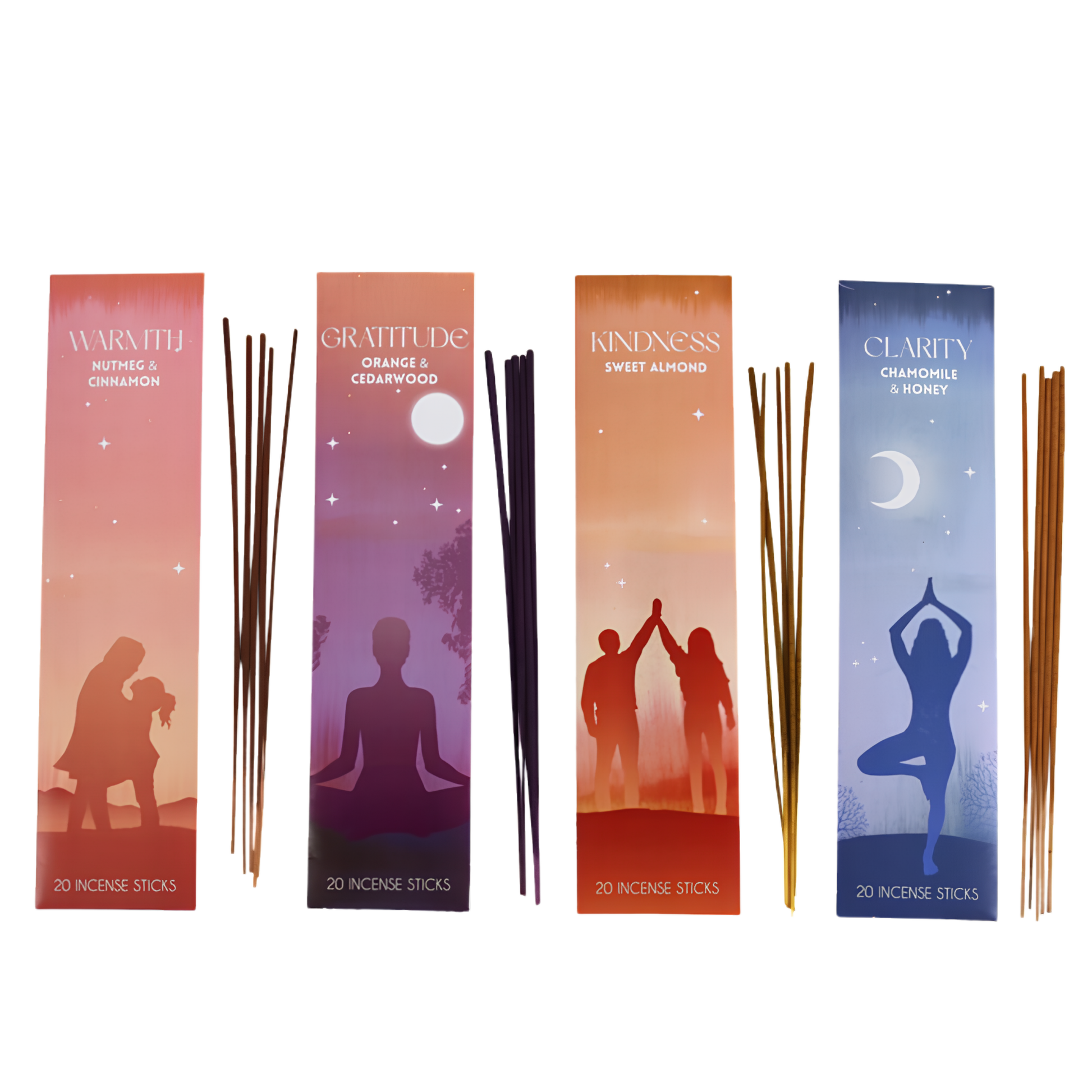 Four rectangular incense box packages shown side by side on a white background, each with several incense sticks placed in front. The packages feature warm-toned silhouettes and text for different scents: Warmth, Gratitude, Kindness, and Clarity.