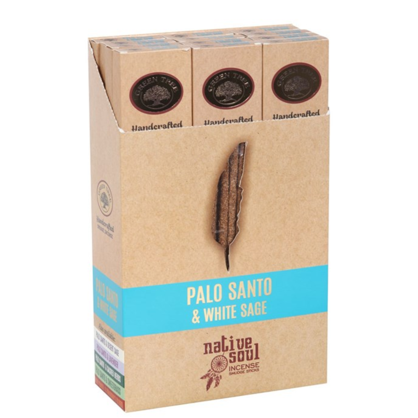 A package of Native Soul Palo Santo & White Sage incense sticks in a brown kraft paper sleeve with a turquoise band and a feather graphic.
