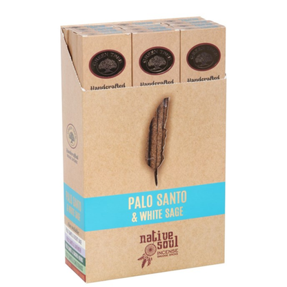 A package of Native Soul Palo Santo & White Sage incense sticks in a brown kraft paper sleeve with a turquoise band and a feather graphic.