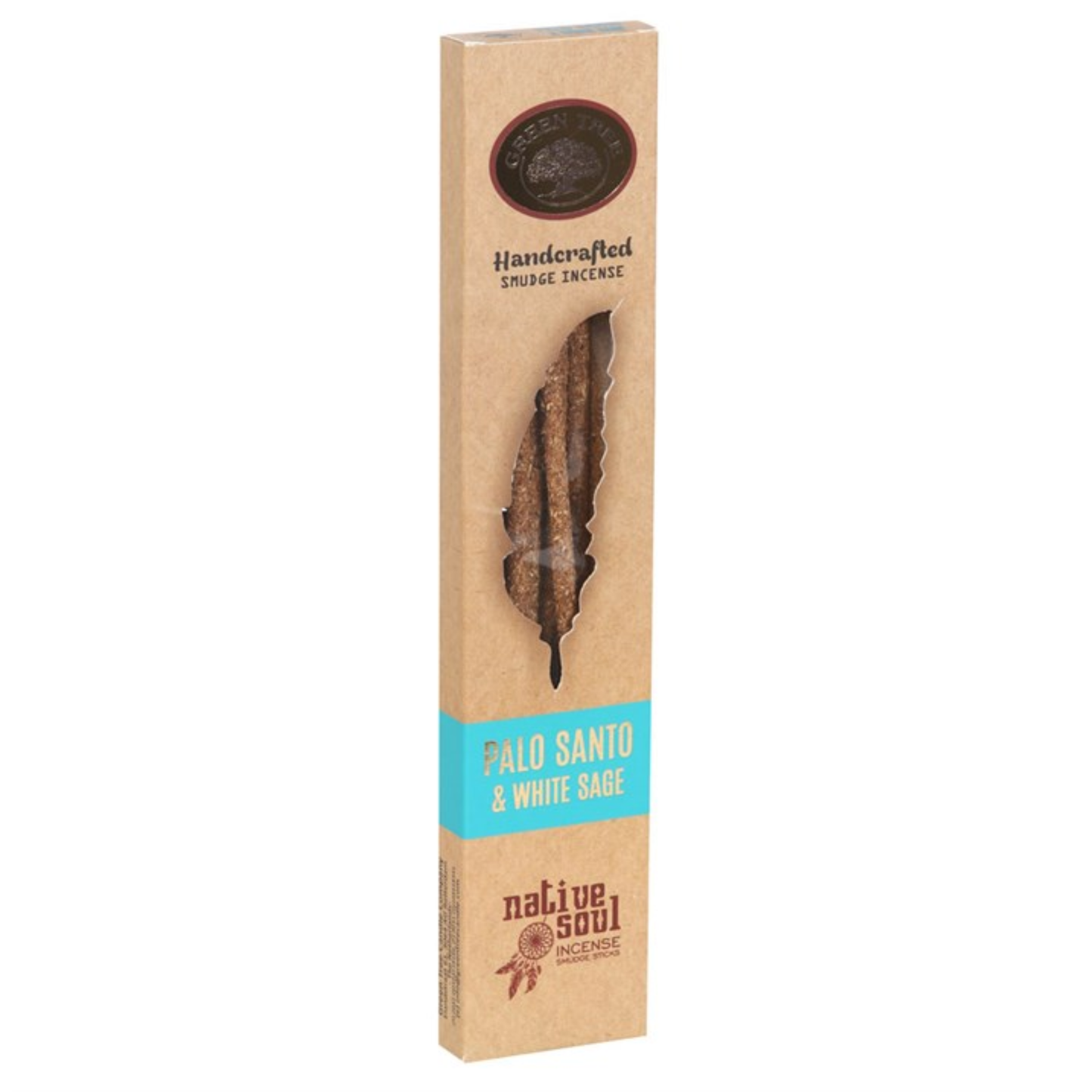 Native Soul Handcrafted Smoke Incense in a tall, narrow kraft paper box. The packaging features a clear window displaying two incense sticks, with a turquoise blue band reading 'PALO SANTO & WHITE SAGE'.