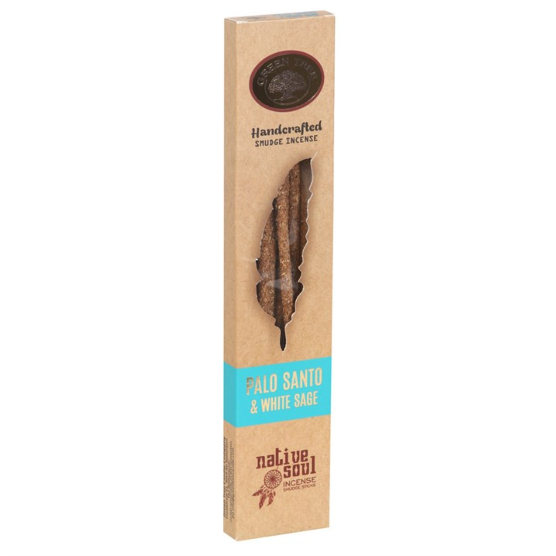 Native Soul Handcrafted Smoke Incense in a tall, narrow kraft paper box. The packaging features a clear window displaying two incense sticks, with a turquoise blue band reading 'PALO SANTO & WHITE SAGE'.