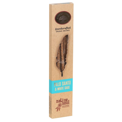 Native Soul Handcrafted Smoke Incense in a tall, narrow kraft paper box. The packaging features a clear window displaying two incense sticks, with a turquoise blue band reading 'PALO SANTO & WHITE SAGE'.