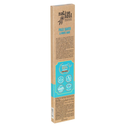 Native Soul Palo Santo & Mintule incense stick packaging, featuring a tall, narrow brown kraft cardboard box with a turquoise blue label on the lower half, set against a plain white background.