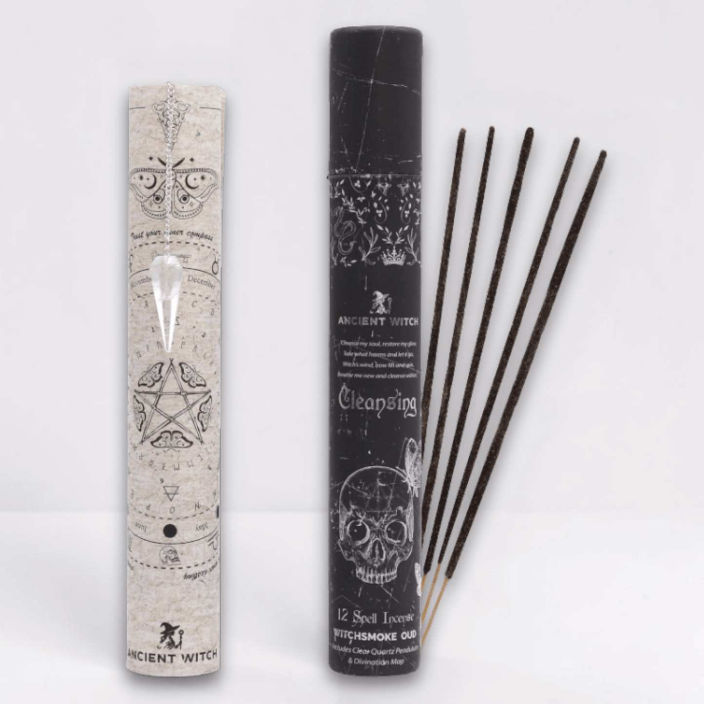 Incense sticks with packaging featuring mystical designs on a white background and a white pointed crystal attached to a silver chain draped over a paper map.