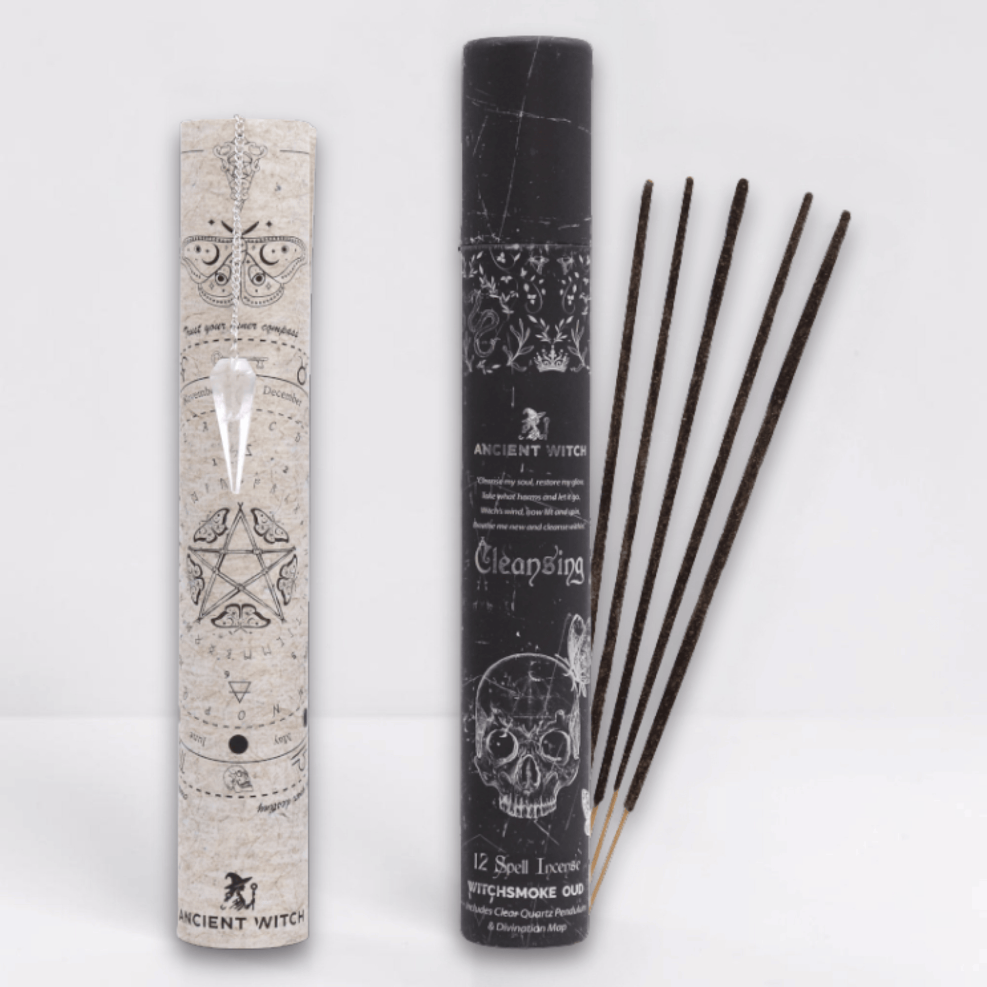 Incense sticks with packaging featuring mystical designs on a white background and a white pointed crystal attached to a silver chain draped over a paper map.