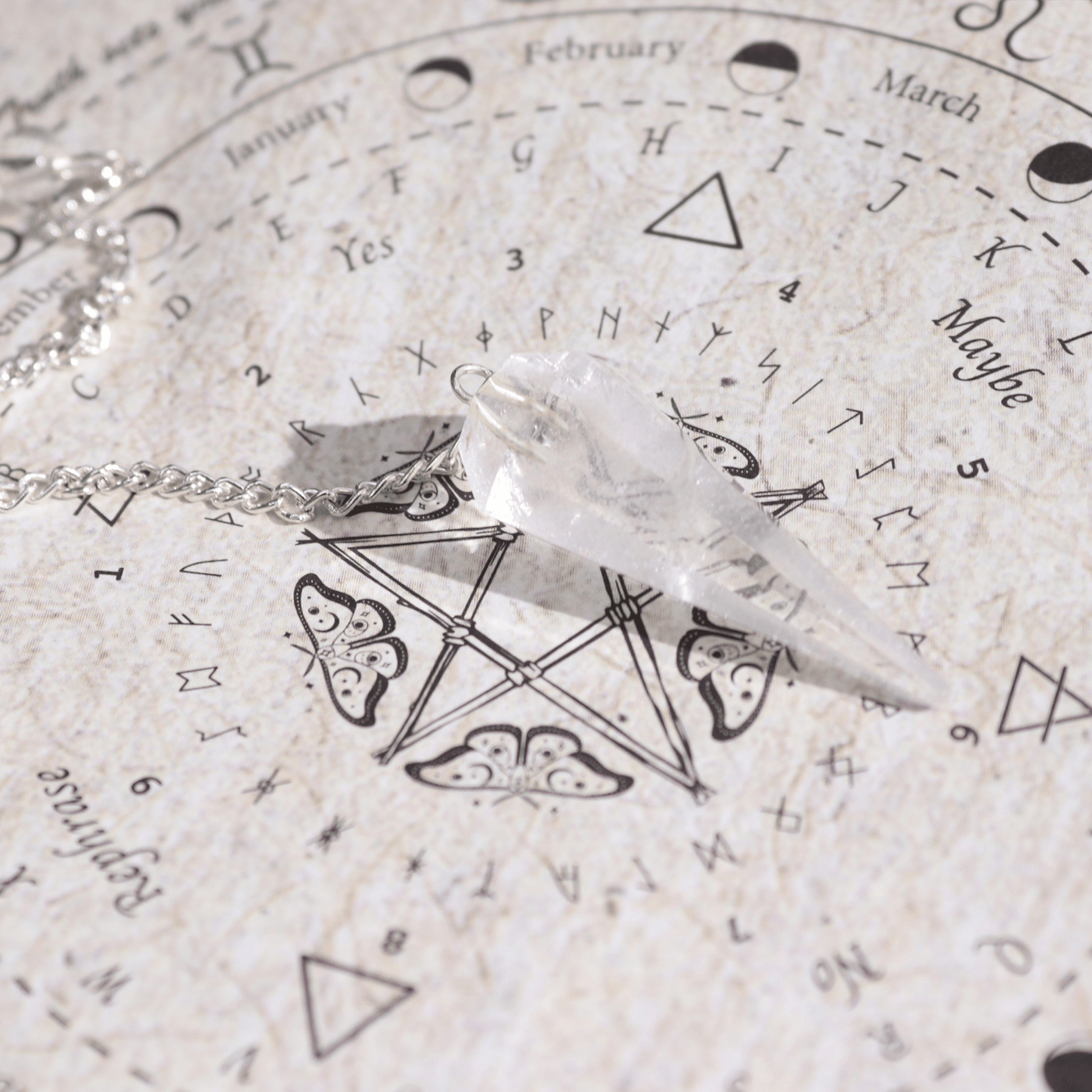 Crystal necklace on an astrological chart with zodiac signs and symbols.