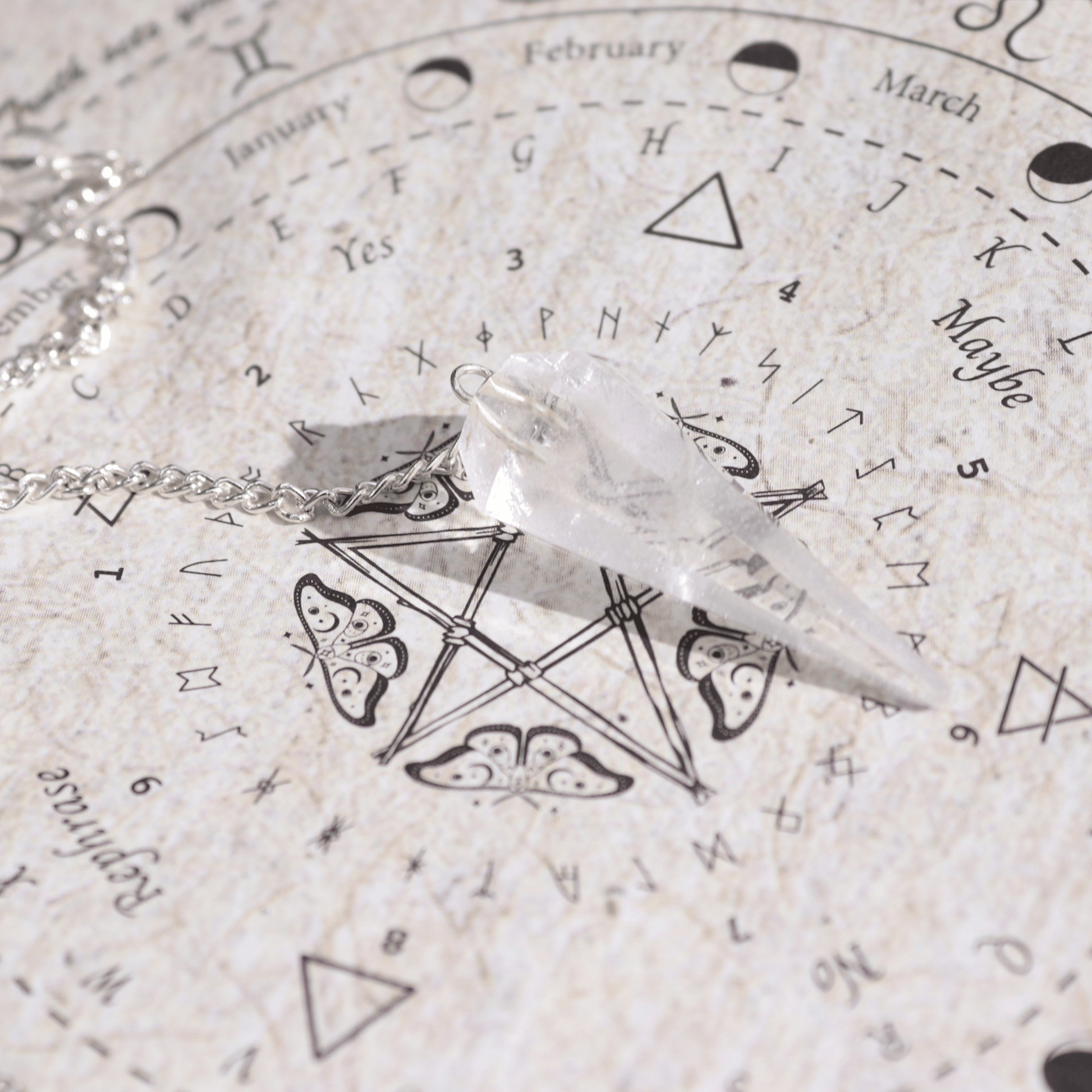 Crystal necklace on an astrological chart with zodiac signs and symbols.