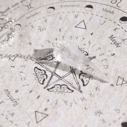 Crystal necklace on an astrological chart with zodiac signs and symbols.