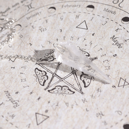 Crystal necklace on an astrological chart with zodiac signs and symbols.