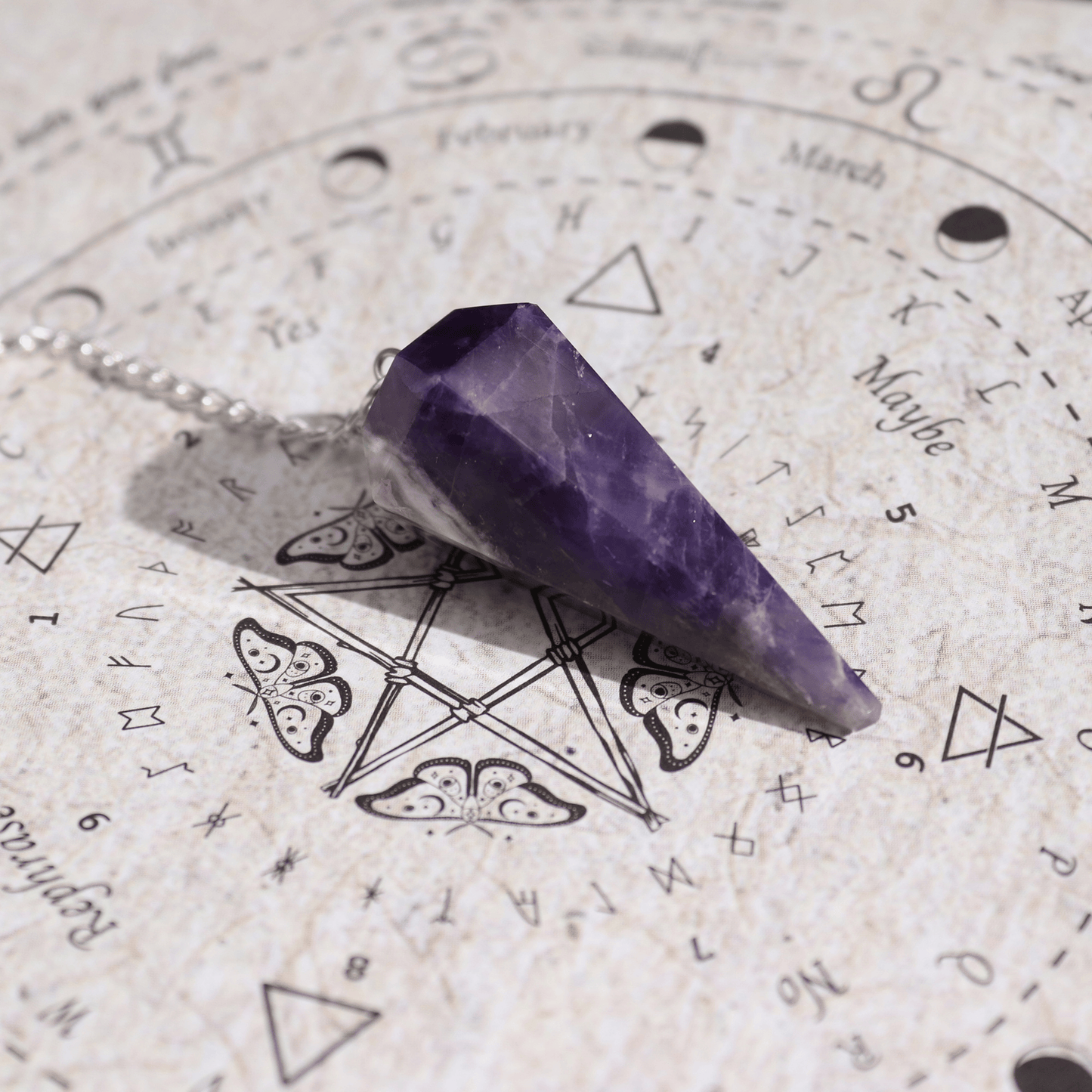 Amethyst crystal on an astrological chart with symbols and text.