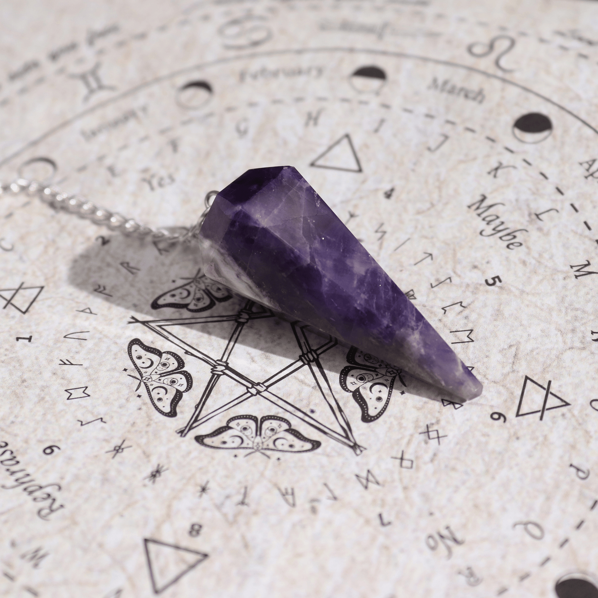 Amethyst crystal on an astrological chart with symbols and text.