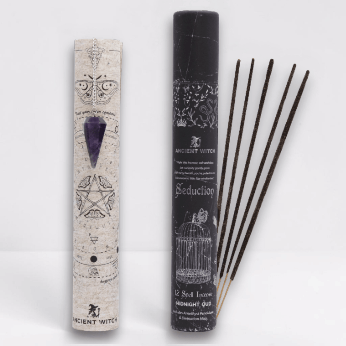 Incense sticks with packaging featuring mystical symbols on a white background. A purple pointed crystal with silver chain attached to it dangled over the divination map.
