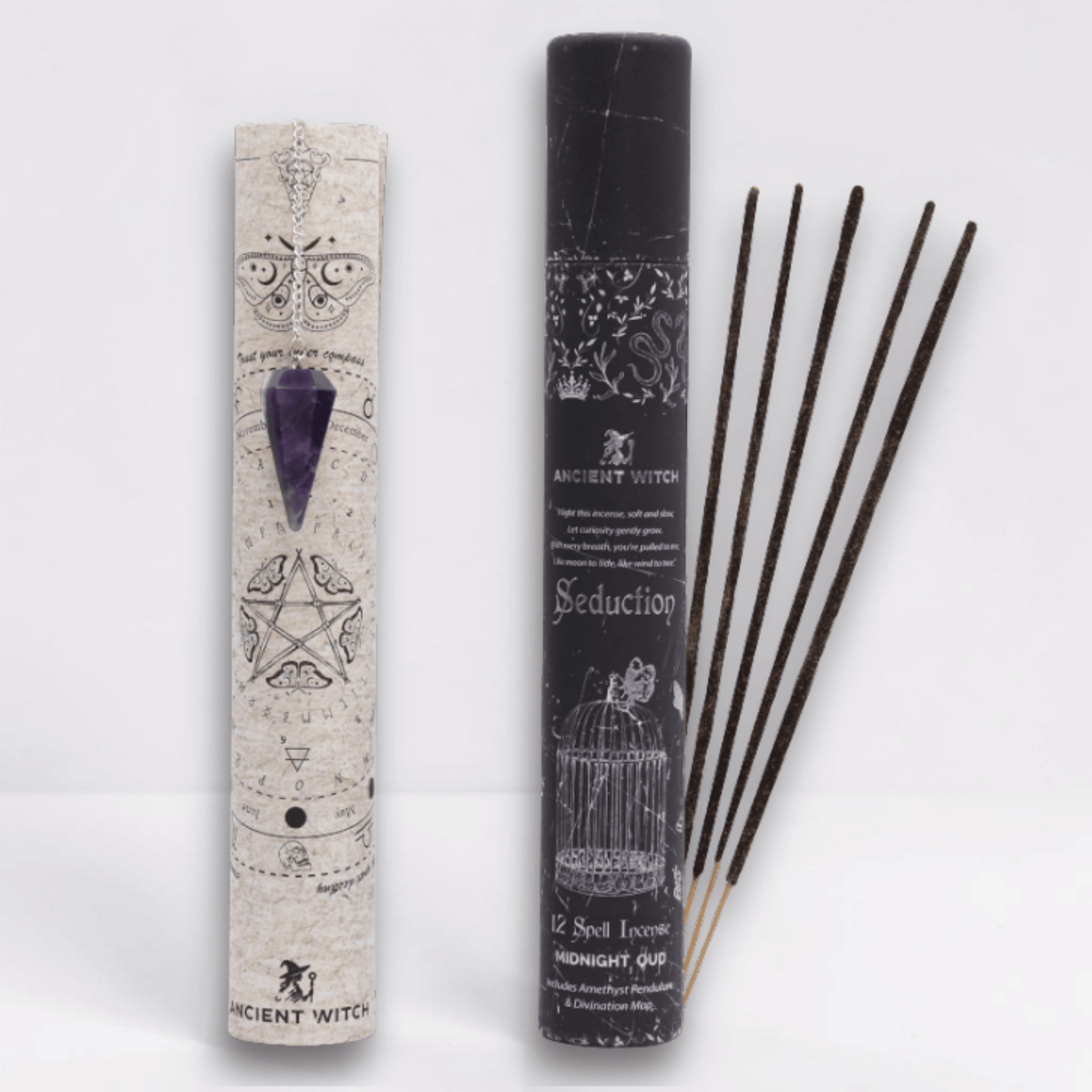 Incense sticks with packaging featuring mystical symbols on a white background. A purple pointed crystal with silver chain attached to it dangled over the divination map.