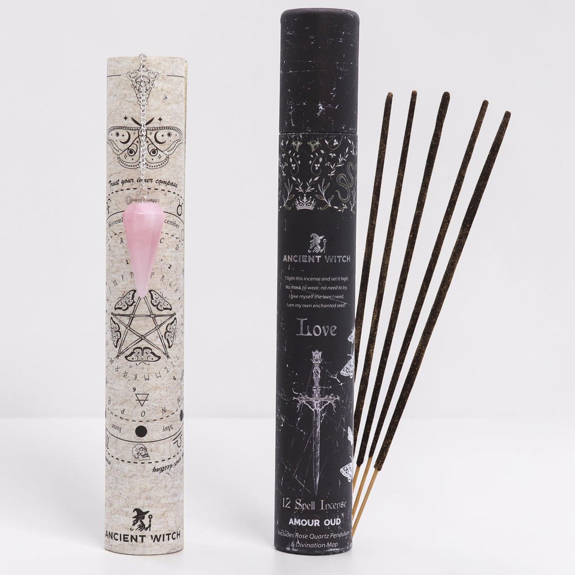 Incense sticks with packaging featuring mystical symbols on a white background. A pink pointed crystal with silver chain attached to it dangled over the divination map.