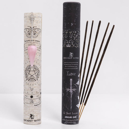 Incense sticks with packaging featuring mystical symbols on a white background. A pink pointed crystal with silver chain attached to it dangled over the divination map.
