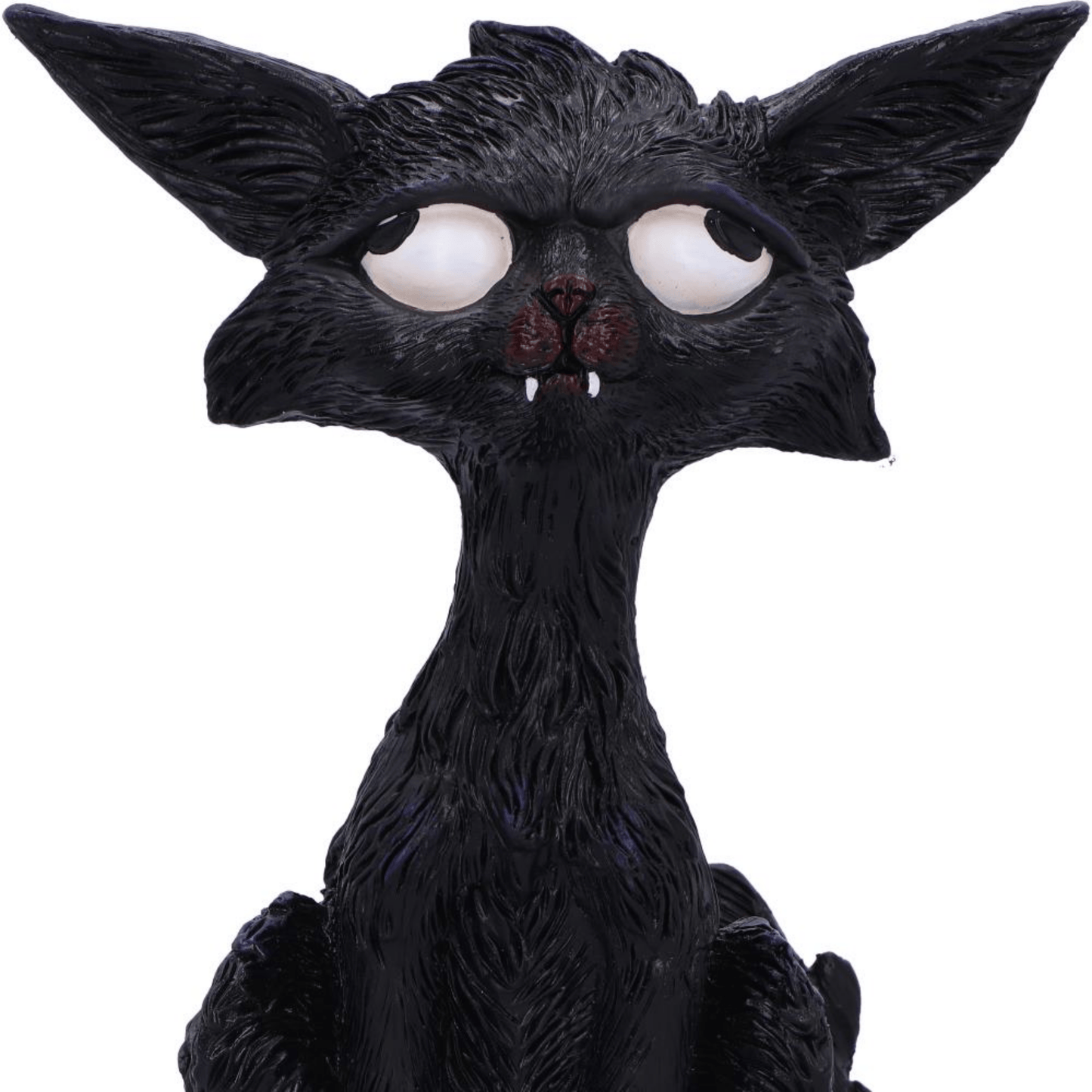 Black cat figurine with large white eyes and pointed ears on a white background