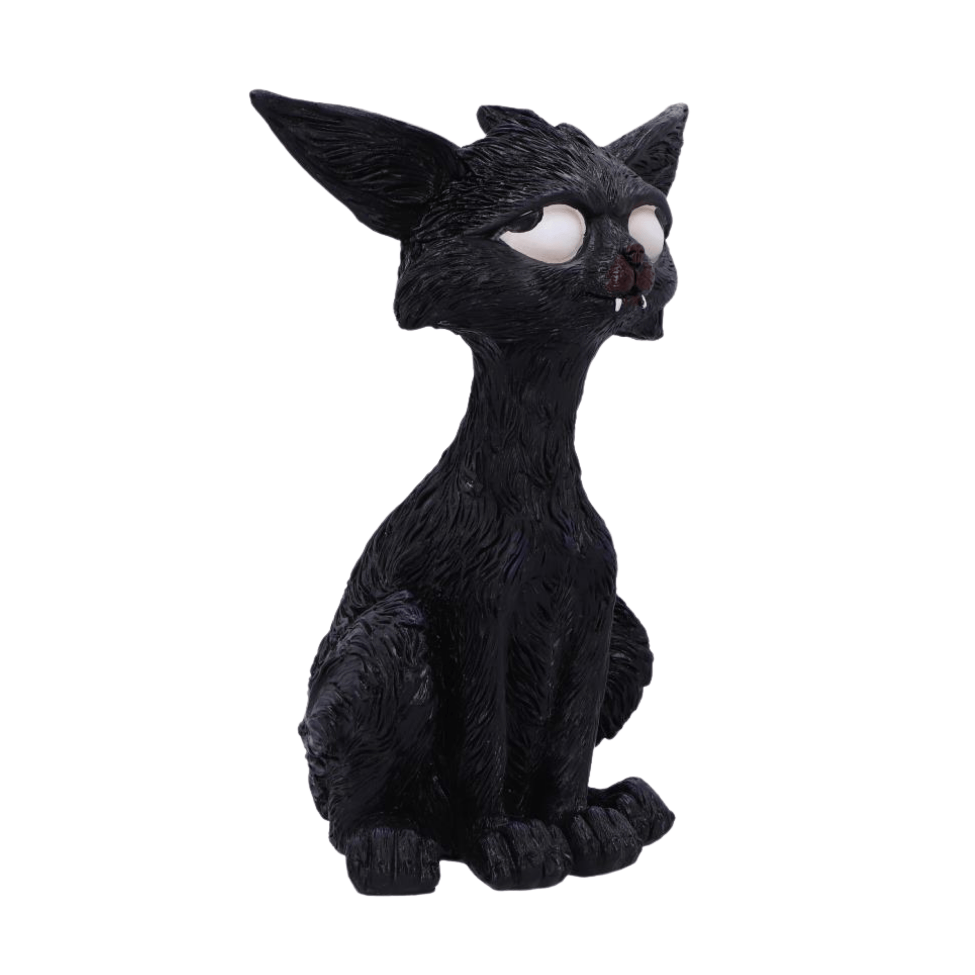 Black cat figurine with large eyes on a white background