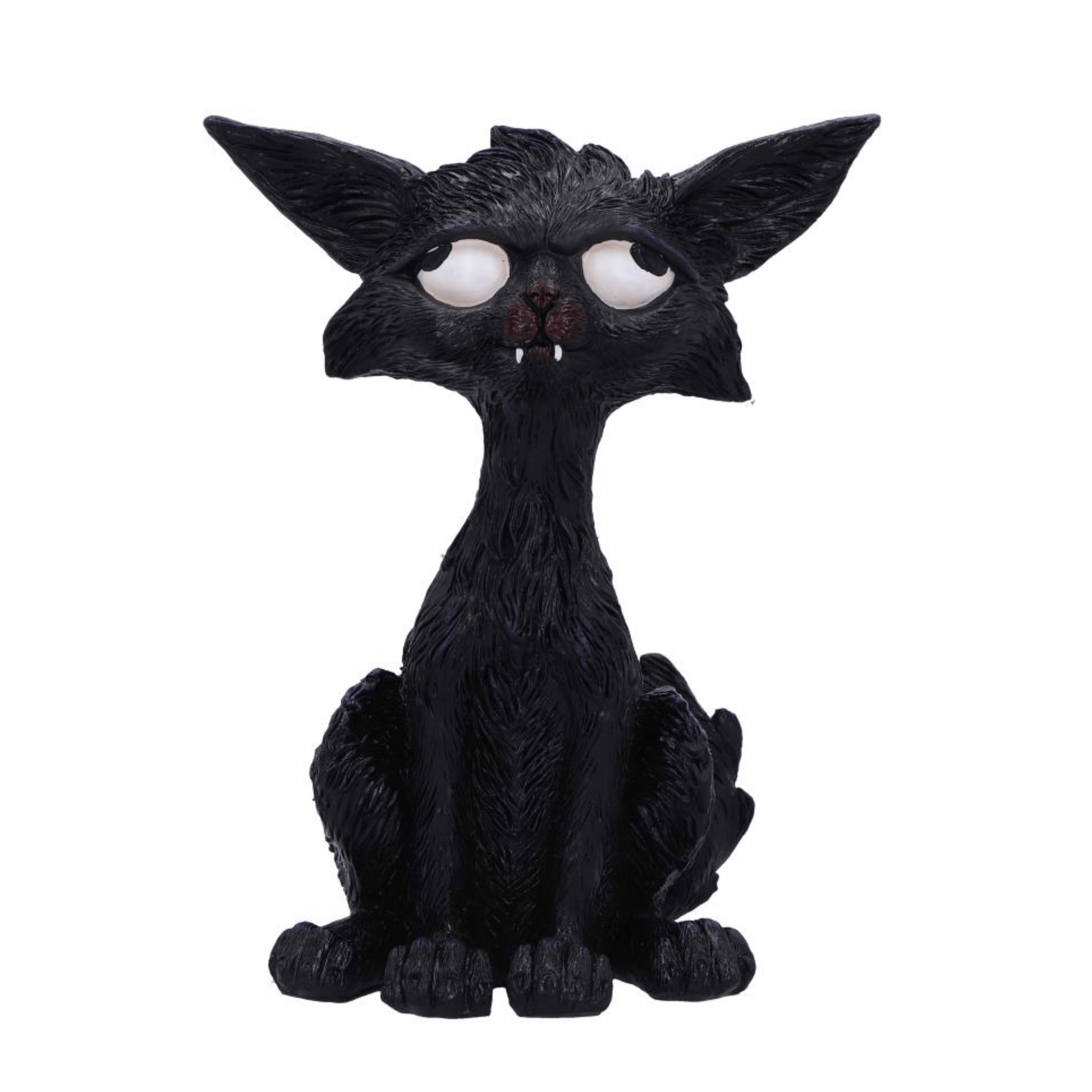 Black cat figurine with large eyes and pointed ears on a white background