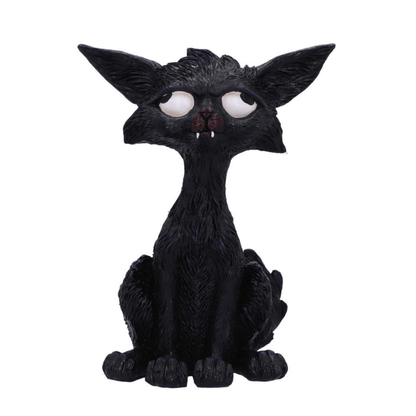 Black cat figurine with large eyes and pointed ears on a white background
