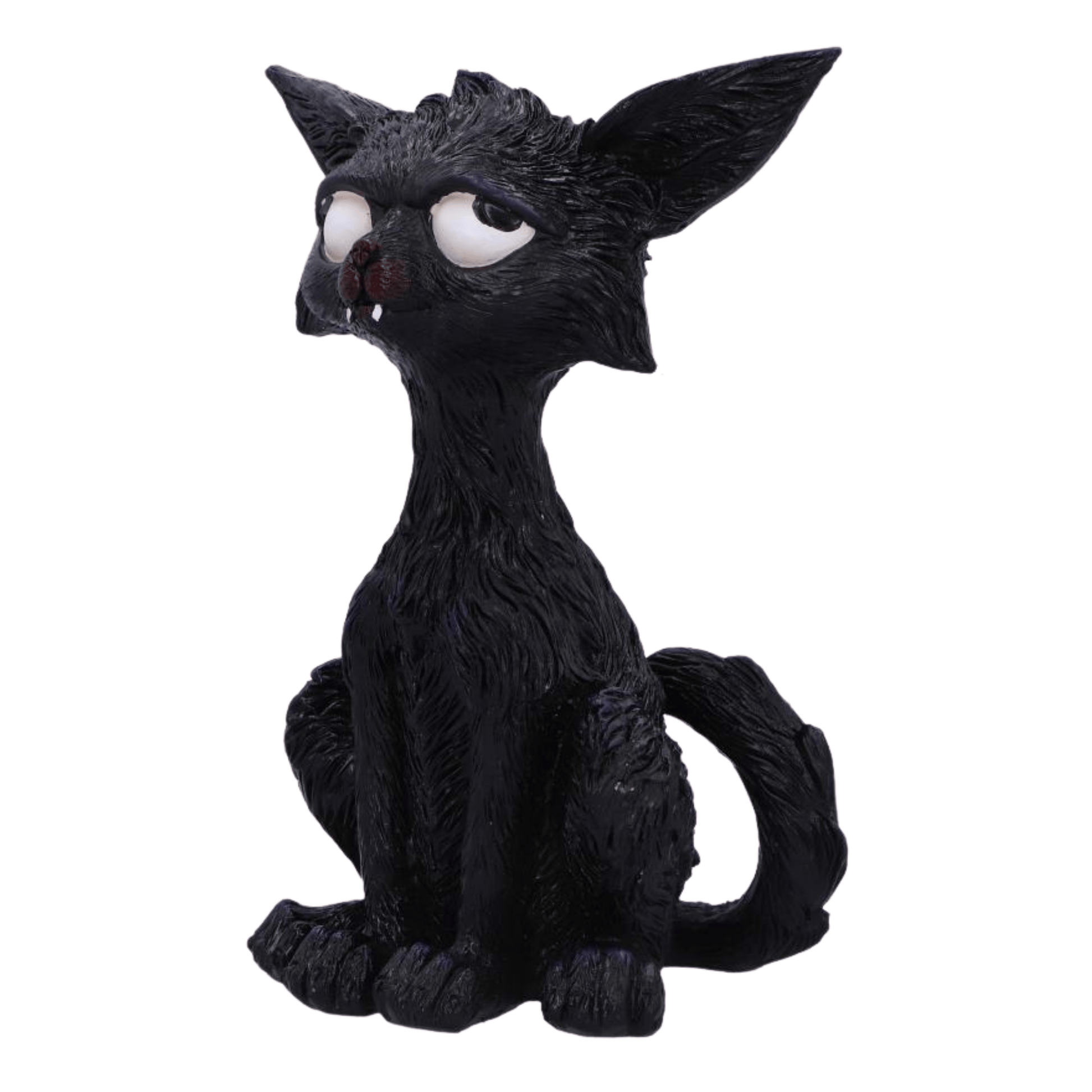 Black cat figurine with large eyes on a white background