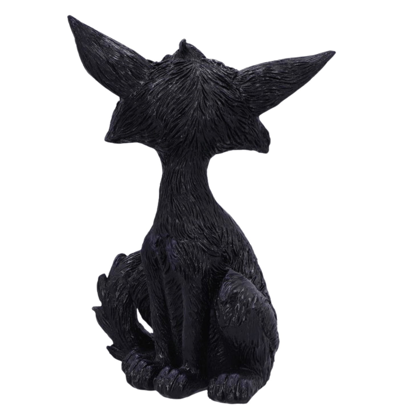 Back of the black cat figurine with large ears on a white background
