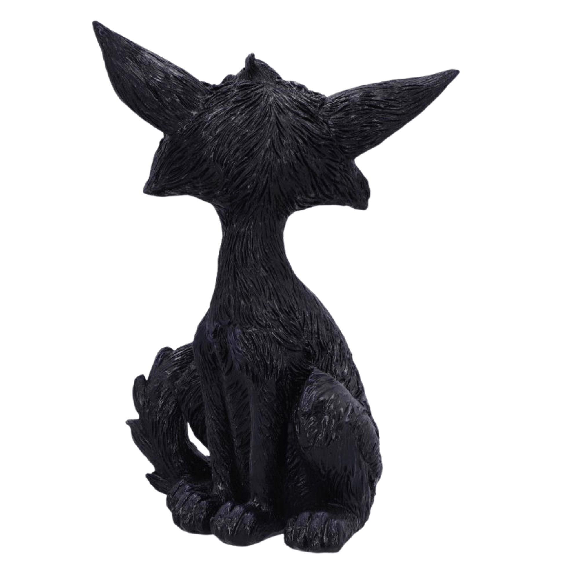 Back of the black cat figurine with large ears on a white background