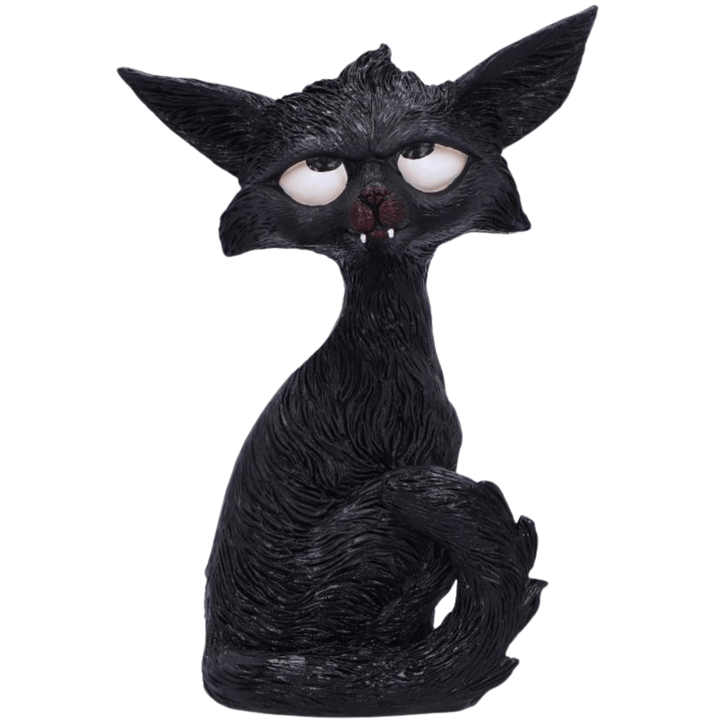 Black cat humorous figurine with white eyes looking up and large ears and little white fangs on a white background
