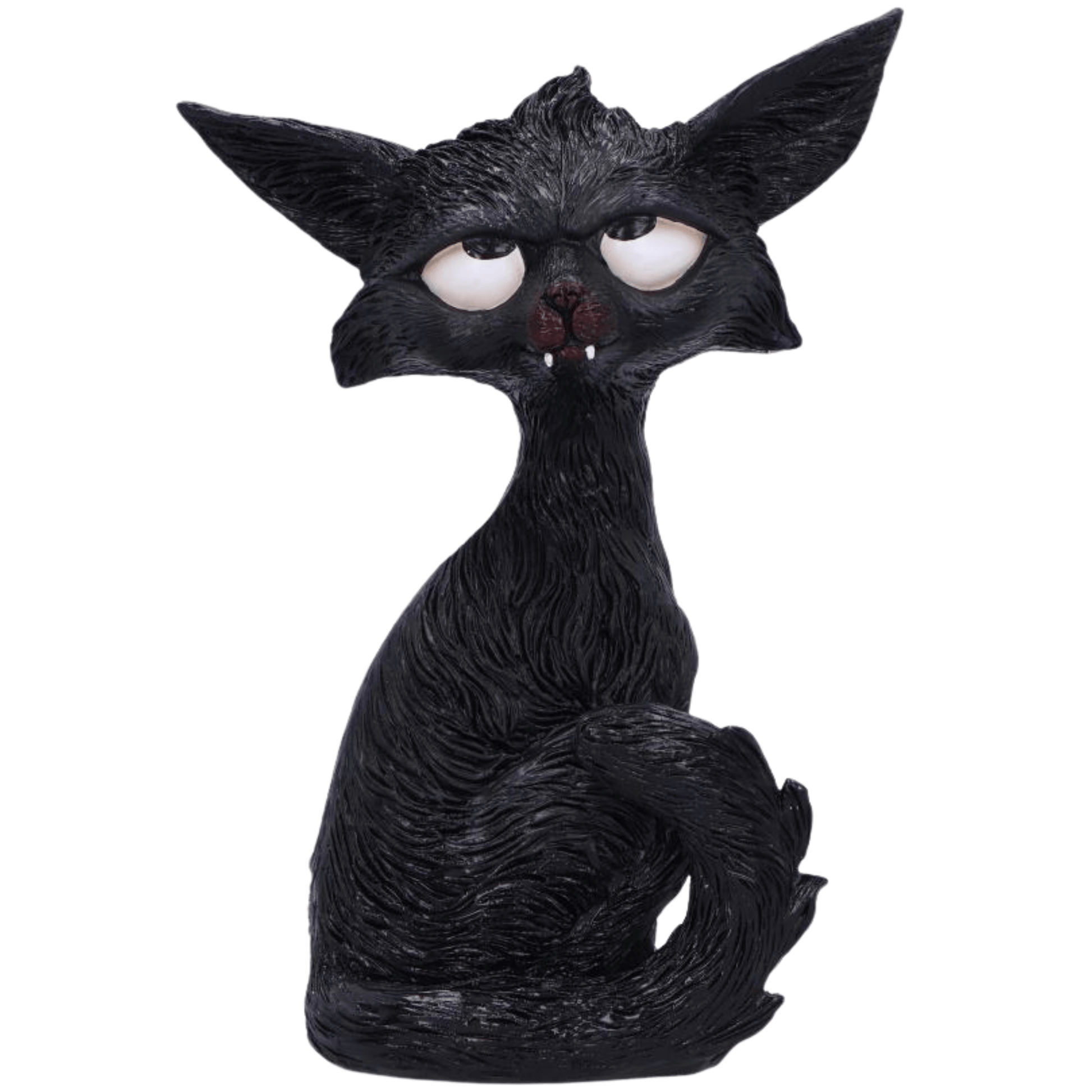 Black cat humorous figurine with white eyes looking up and large ears and little white fangs on a white background