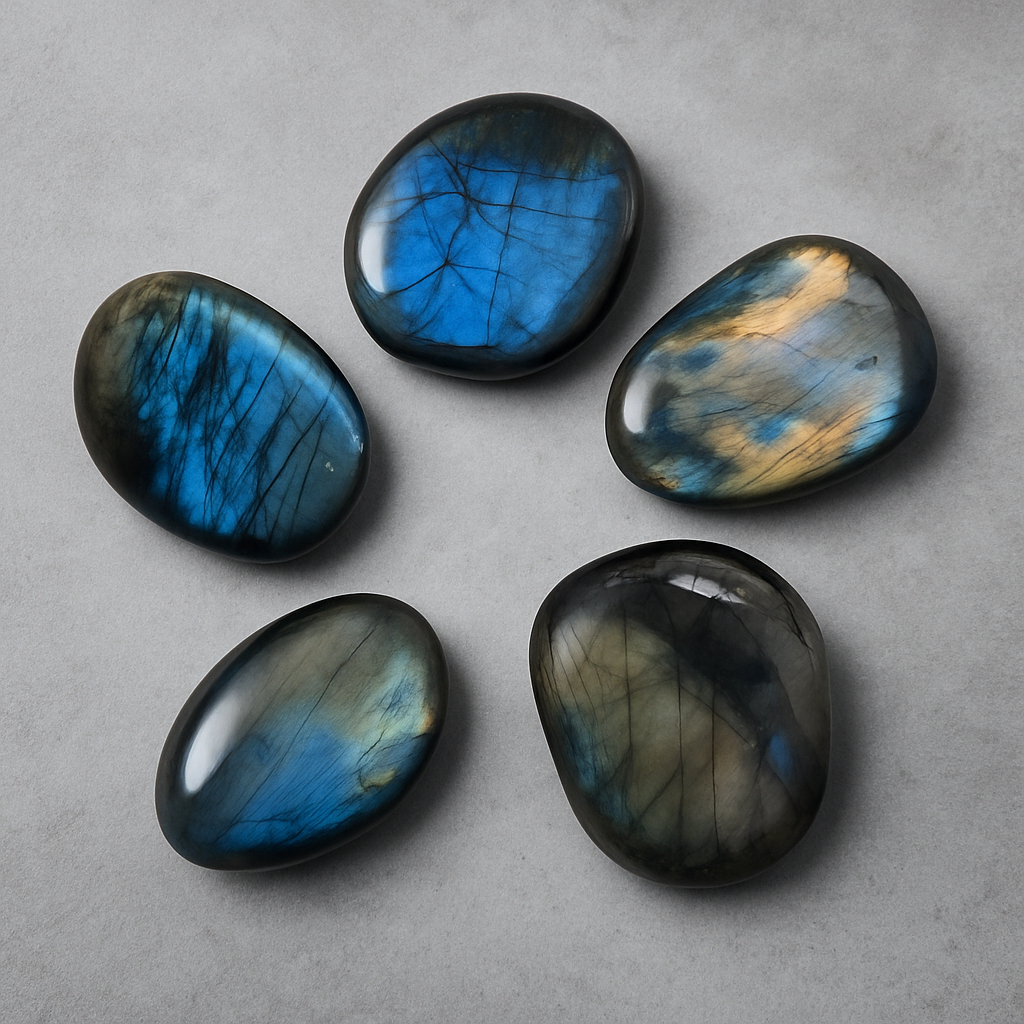 Five labradorite stones with blue and gold reflections on a gray surface