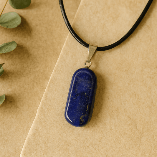 Blue pendant necklace on a beige background with green leaves