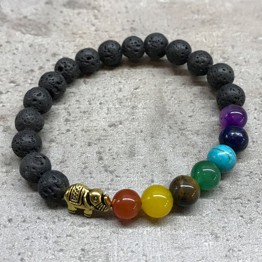 LAVA STONE CHAKRA BRACELET WITH ELEPHANT CHARM