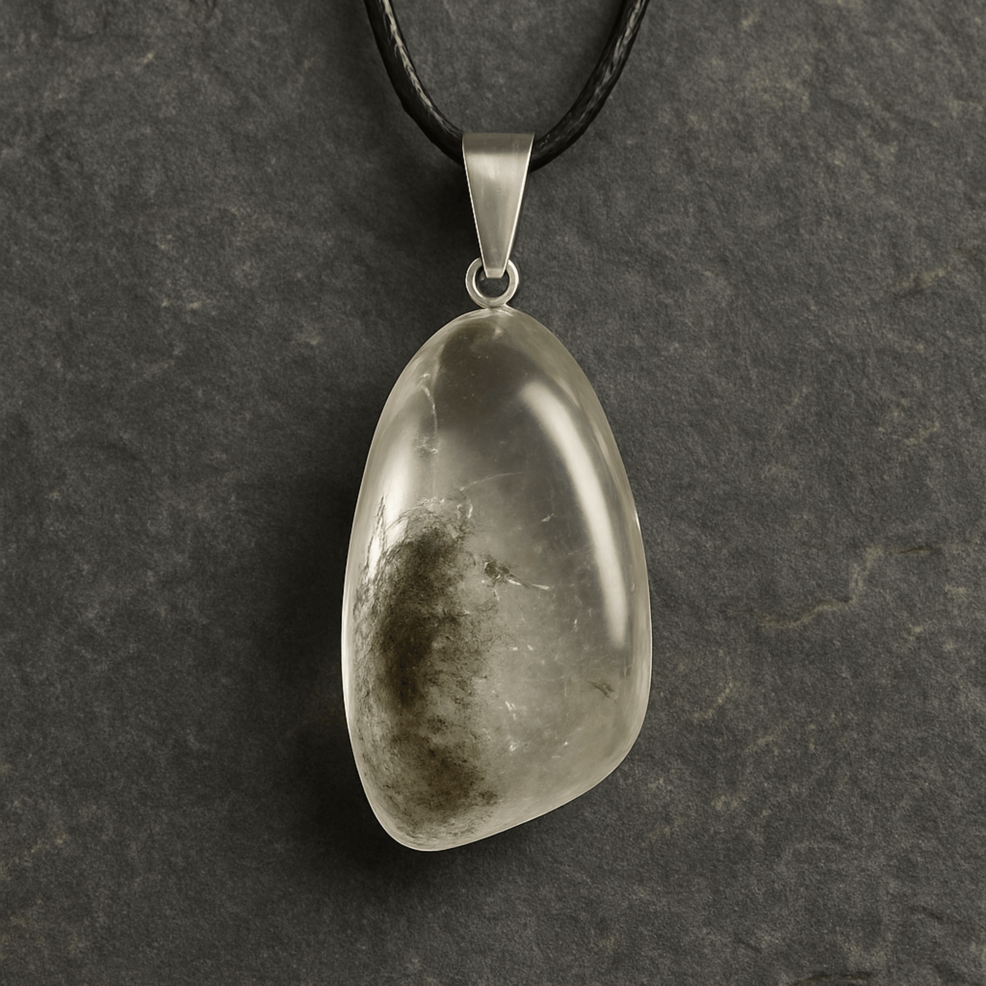 Lodolite Pebble-shaped pendant on a black cord against a dark gray background