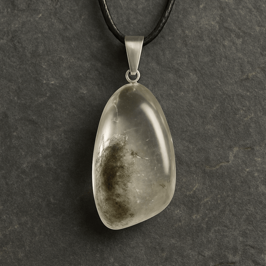 Lodolite Pebble-shaped pendant on a black cord against a dark gray background
