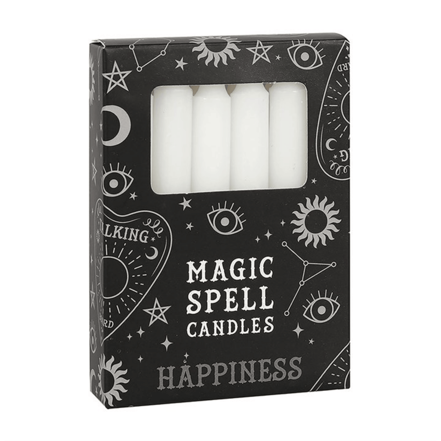 Box of 'Magic Spell Candles Happiness' with white candles inside on a white background