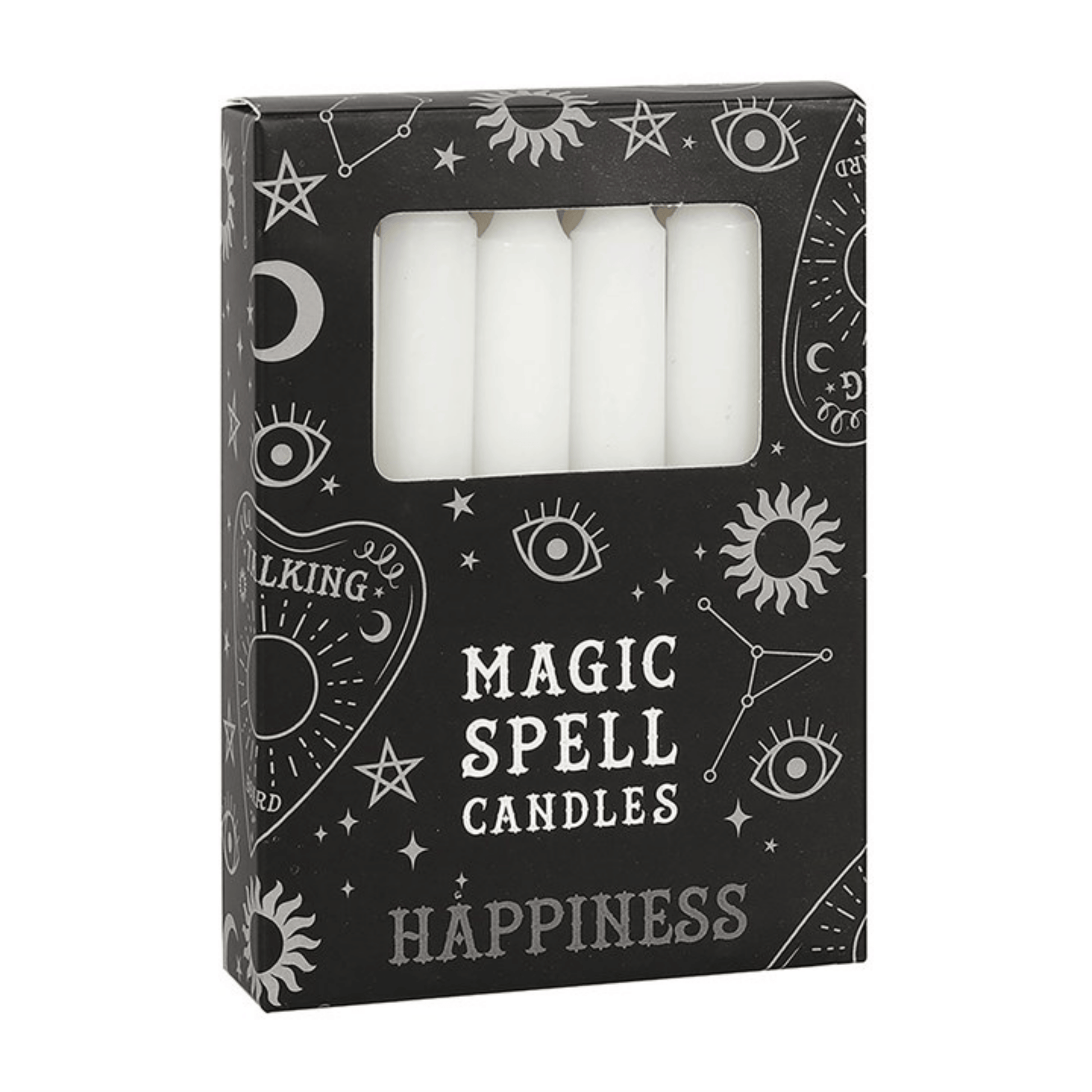 Box of 'Magic Spell Candles Happiness' with white candles inside on a white background