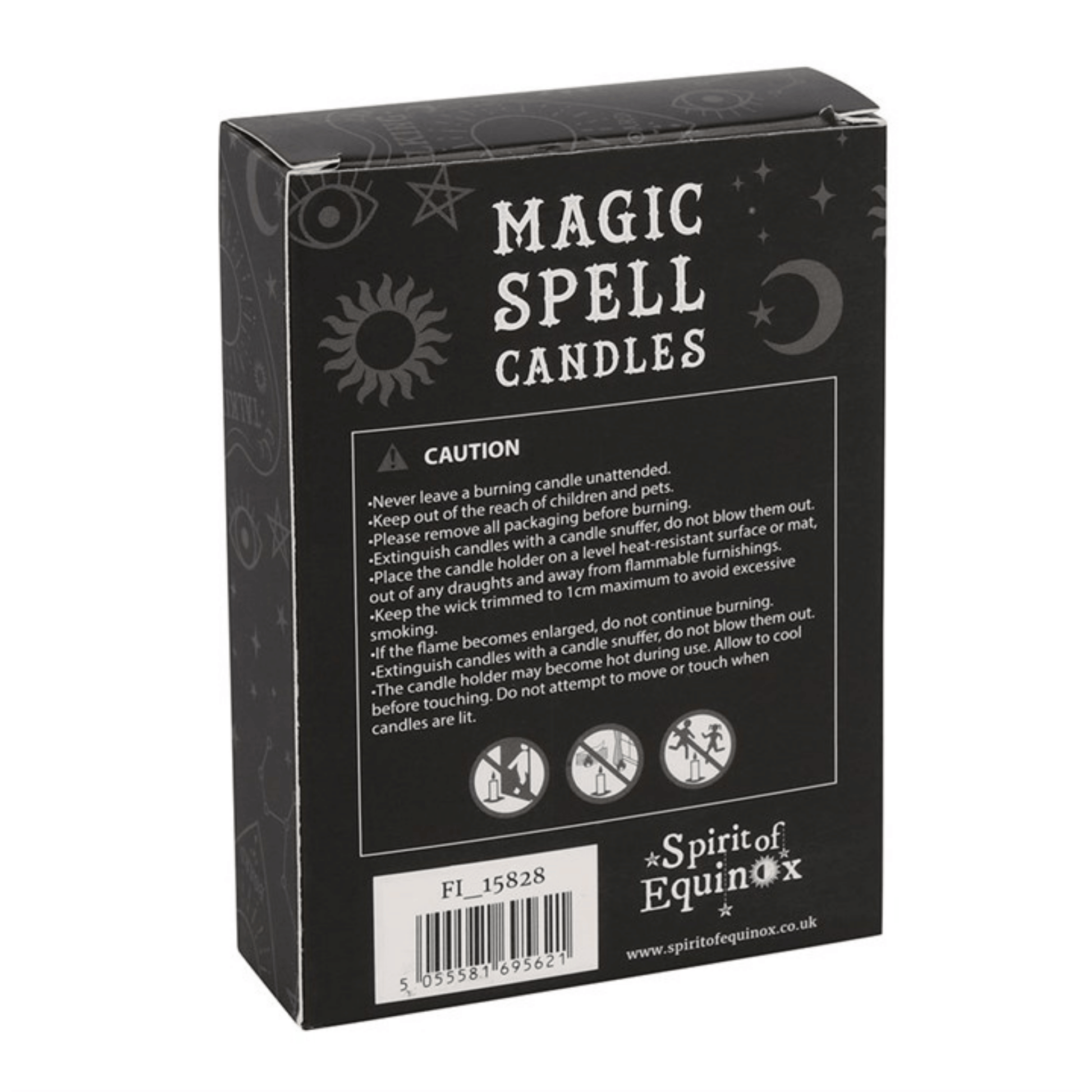 Box of Magic Spell Candles with branding and warning text on a white background