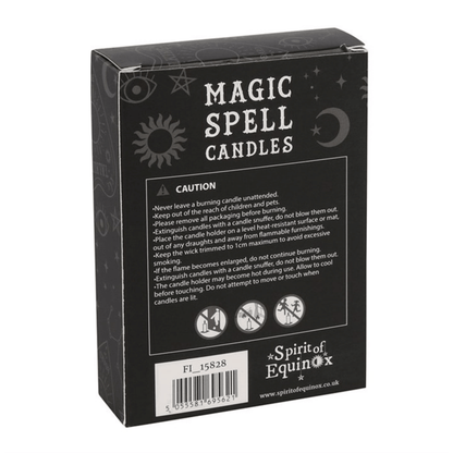 Box of Magic Spell Candles with branding and warning text on a white background