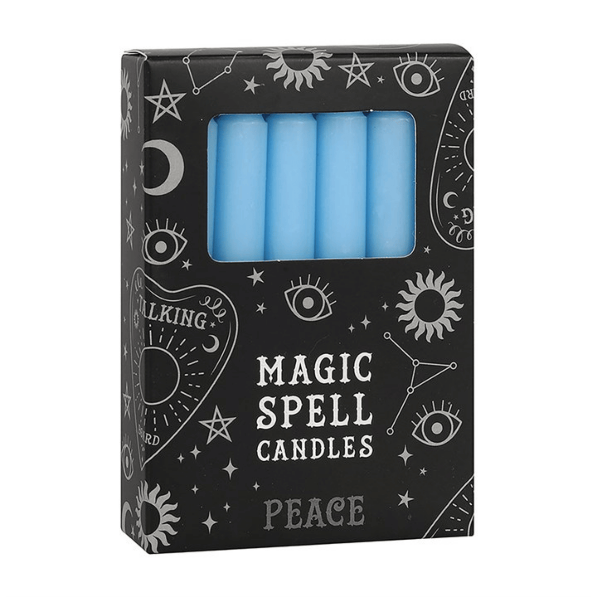 Pack of blue candles labeled 'Magic Spell Candles' with astrological symbols on the packaging.