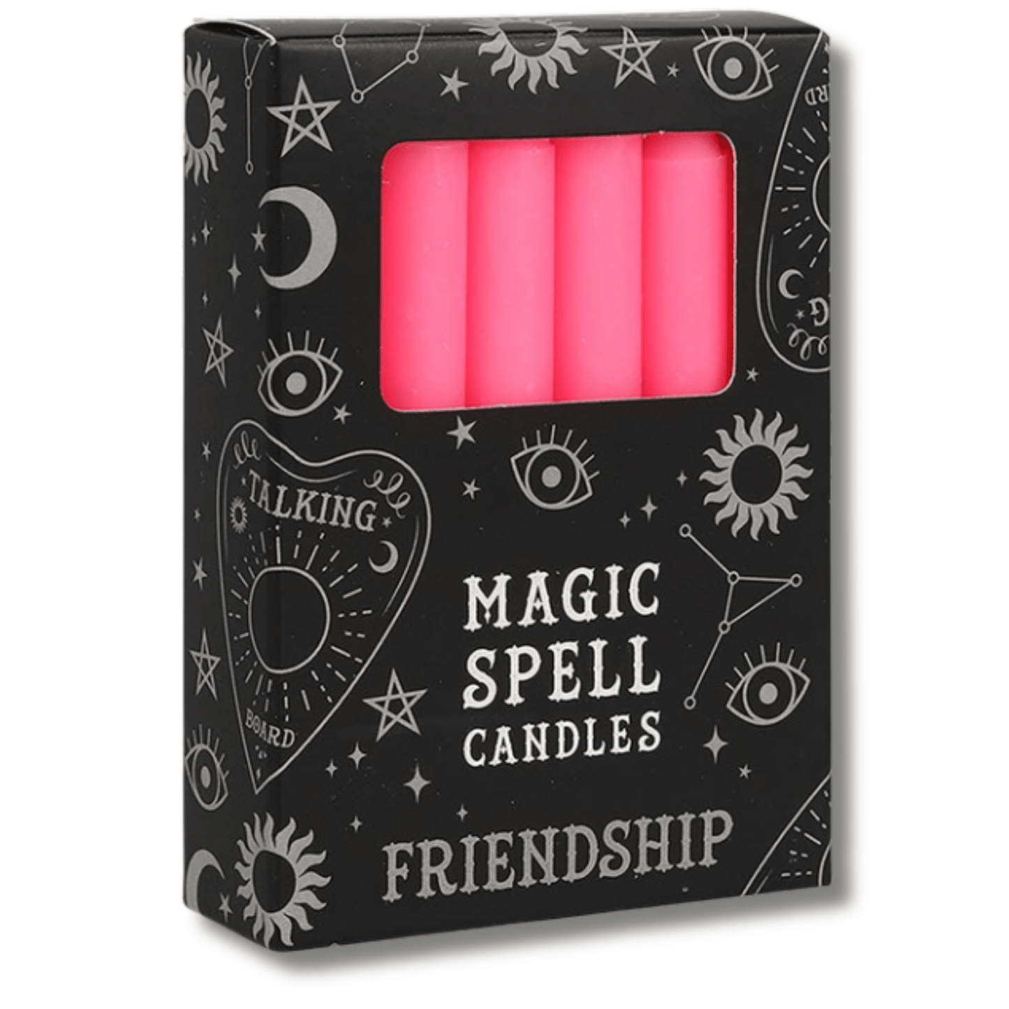 Box of pink 'Magic Spell Candles' with 'Friendship' text and mystical designs on a white background