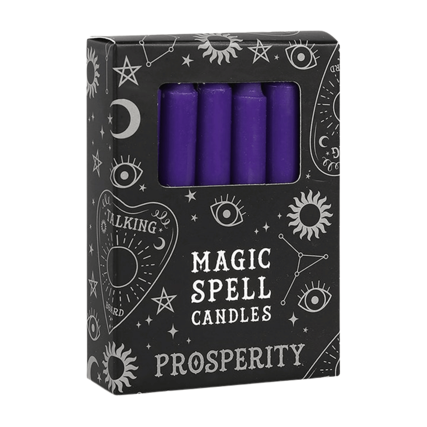 Box of purple 'Magic Spell Candles' labeled 'Prosperity' with wiccan symbols on a white background.