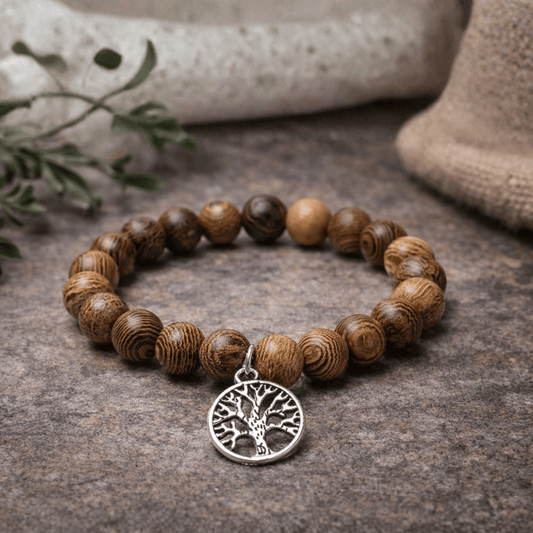 MALA WENGE WOOD BRACELET -TREE OF LIFE CHARM -21 BEAD